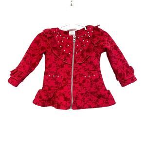 Little Lass red ruffled floral top jacket rhinestones zip quilted stretchy 12m